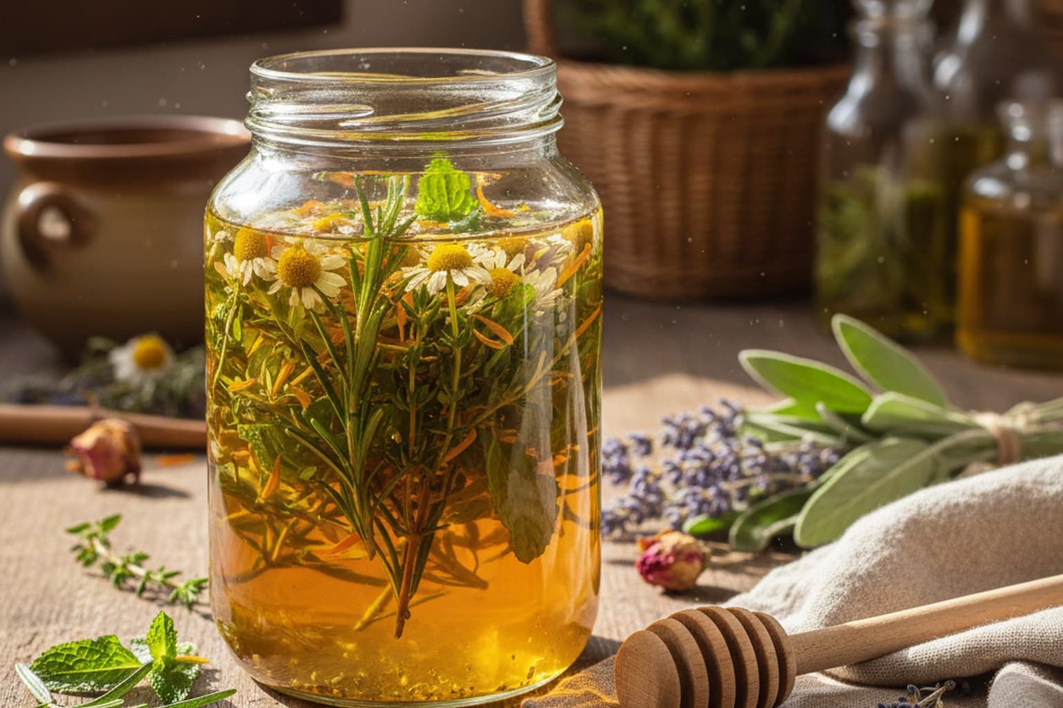 Selbstgemachtes Frauen-Oxymel im Glas mit Honig, Apfelessig und Kräutern