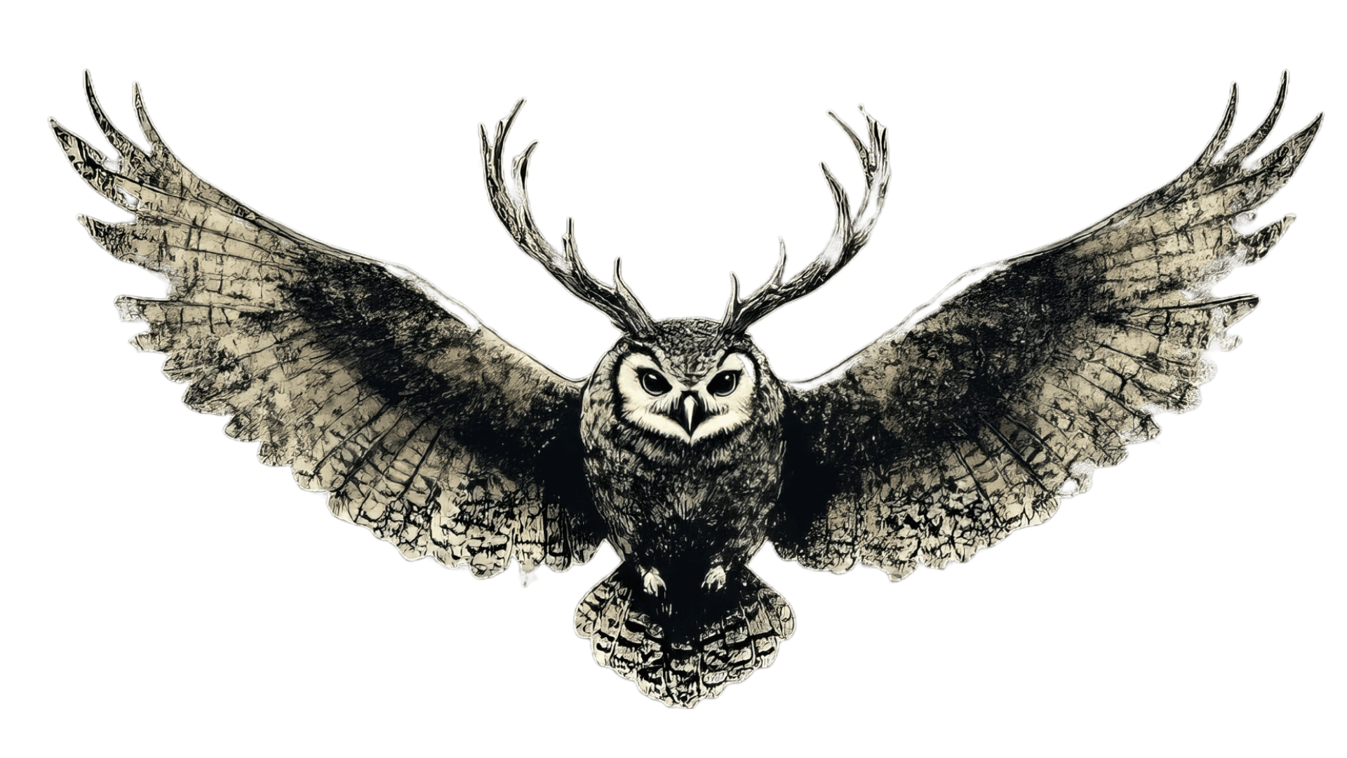 Uhu-Illustration mit Geweih und ausgebreiteten Flügeln