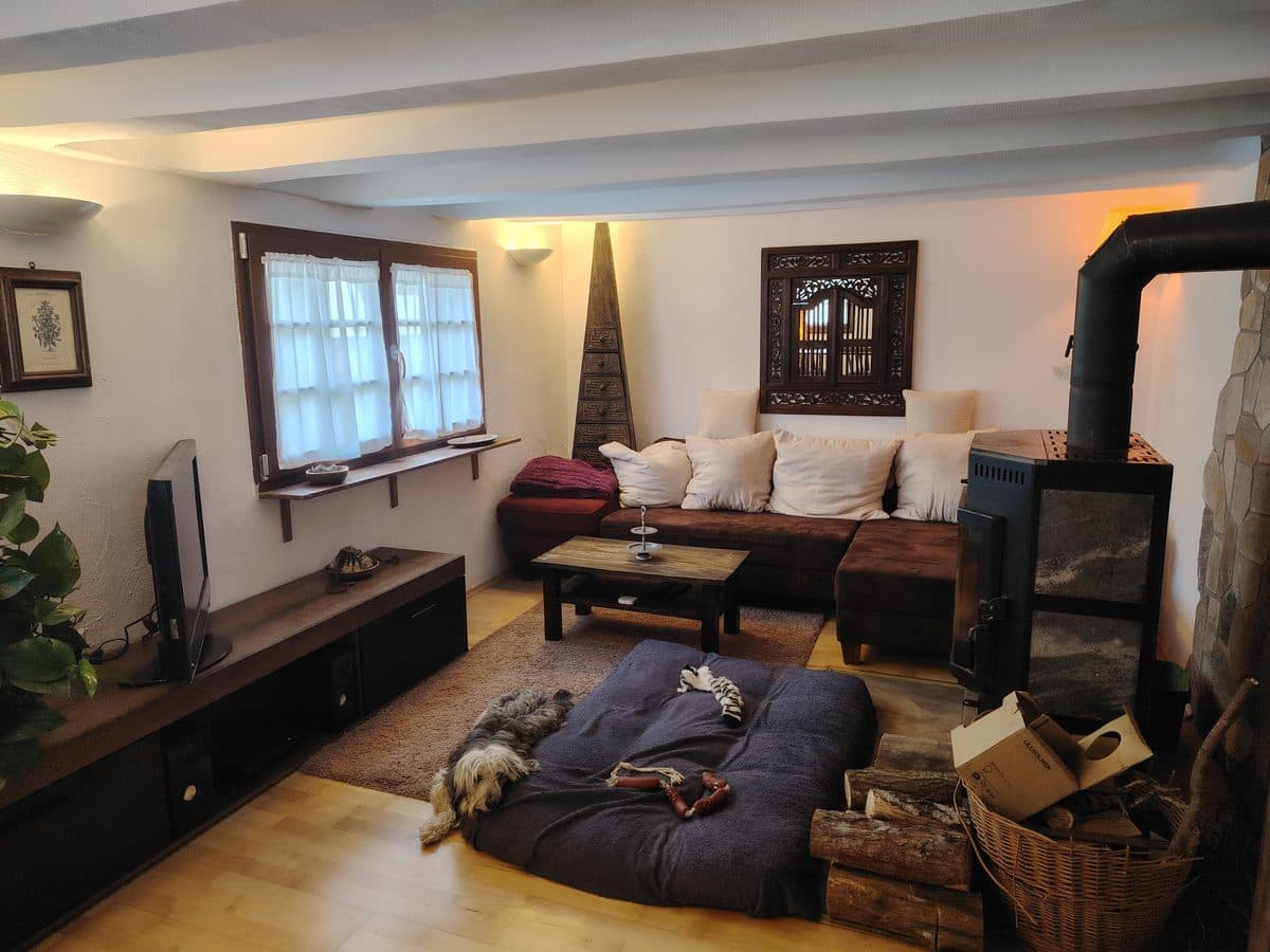 Gemütliches Wohnzimmer mit Kamin und Sitzecke